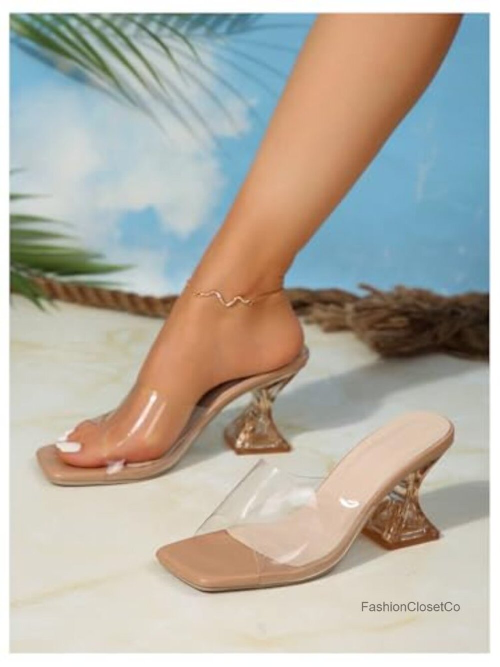 Clear Block Chunky Heeled Sandals Square Toe Slip On Dressy Pumps - Picture 4 of 5